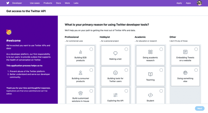 twitter API 利用理由を選択